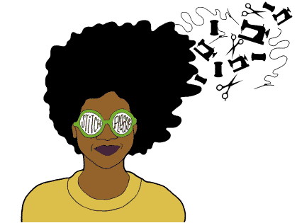 Illustration of a black women smiling with sewing supplies floating on the right-side of her afro.